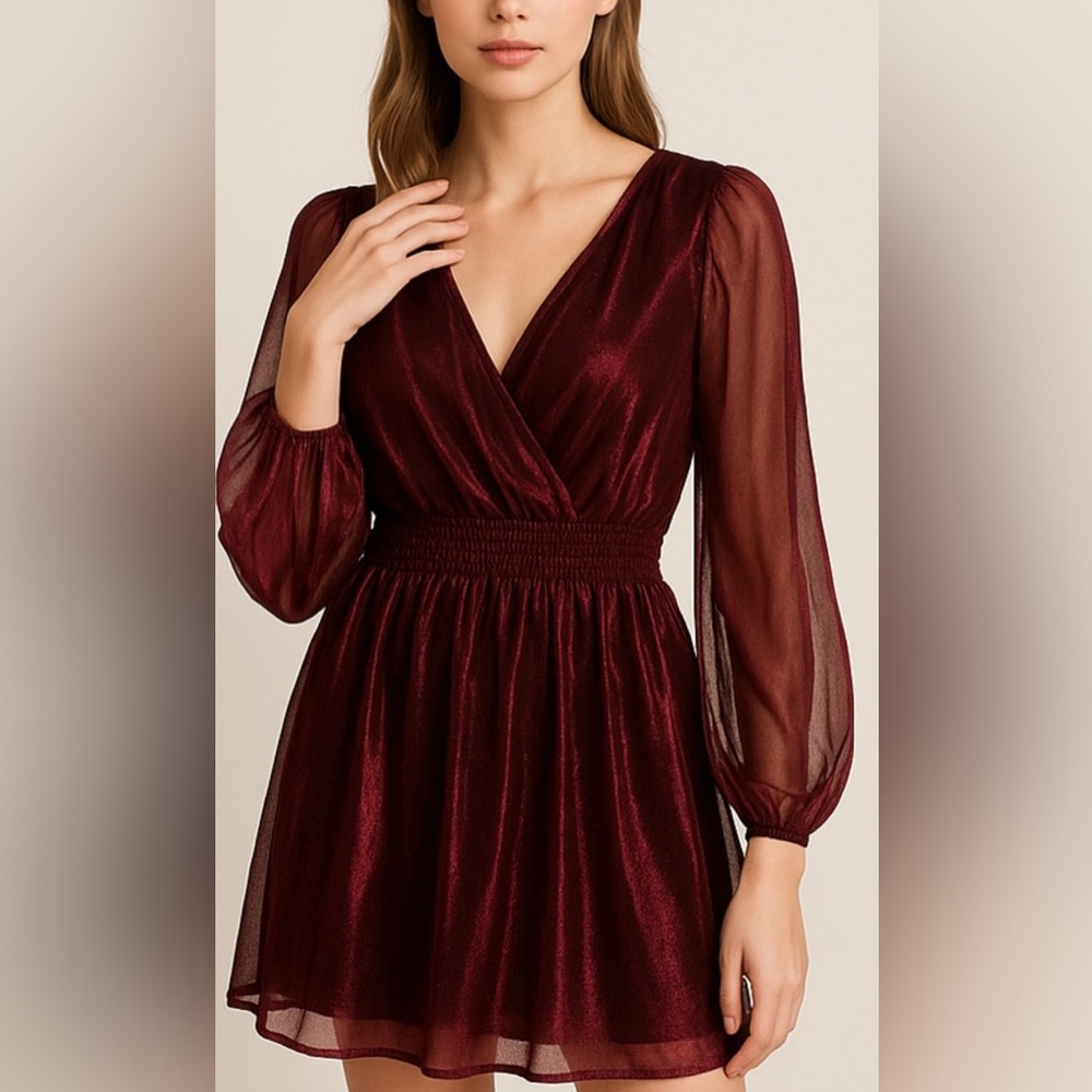 ✨ Burgundy Shimmer Elegant Wrap‎ Dress Long Sleeve Smock Waist ✨